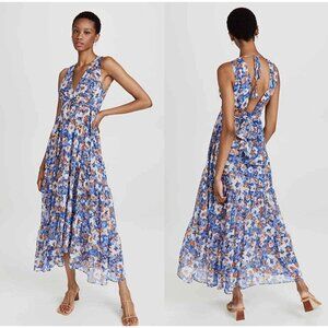 MISA NWT Dominika Maxi Dress in Blue Pansy Floral Flowy Plunging Neckline Sz XS